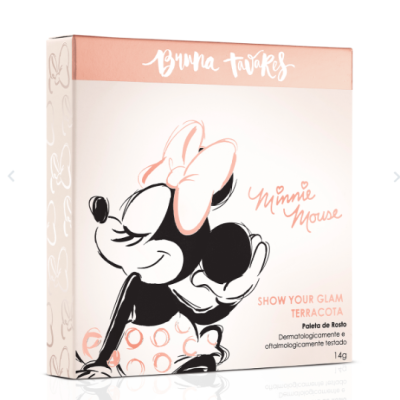 Caixa de maquilhagem Minnie Mouse com cores rosa, branco e preto.
