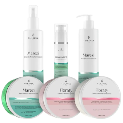 Seis produtos Tulípia com embalagens brancas e etiquetas verdes ou rosas