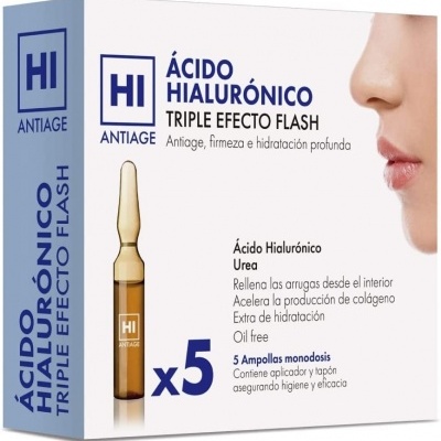 Caixa de ácido hialurónico HI Antiage com 5 ampolas monodose para triple efeito flash