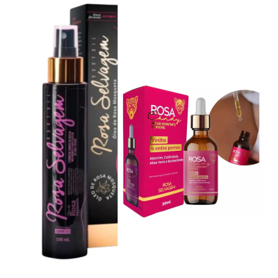 Produtos Rosa Selvagem em frascos com spray e conta-gotas, caixa preta e rosa