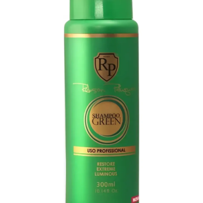 Frasco verde de shampoo Robson Peluquero com texto em dourado