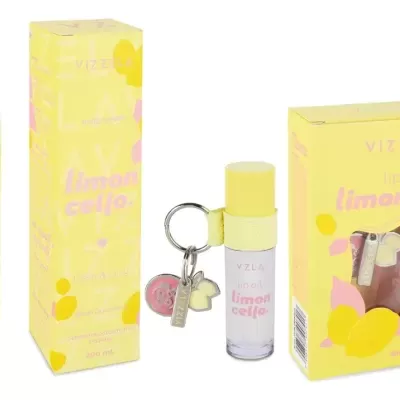 Produtos VIZZELA limoncello body splash e lip oil amarelos com embalagens e chaveiro