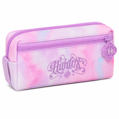 Estojo escolar tie-dye rosa e lilás com fecho lilás e texto Hunter X