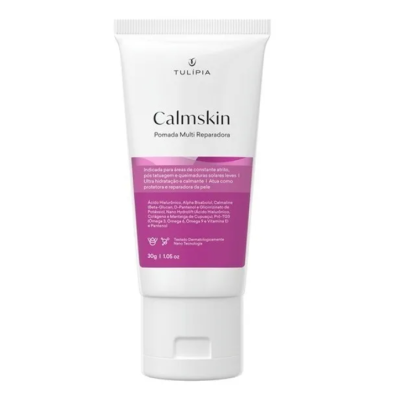 Tubo branco de pomada CalmSkin da Tulípia com rótulo roxo e texto em português