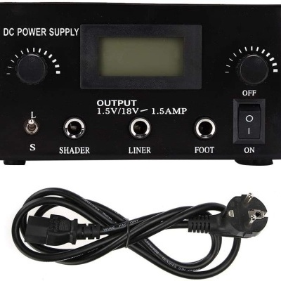 Fonte de alimentação DC preta com mostrador digital, botões giratórios, interruptor ON/OFF e cabo de alimentação