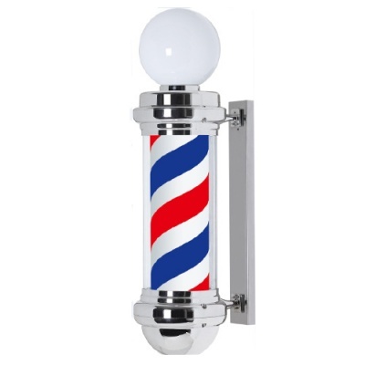 Barbeador de parede metálico cromado com faixas vermelhas, azuis e brancas e bola branca no topo