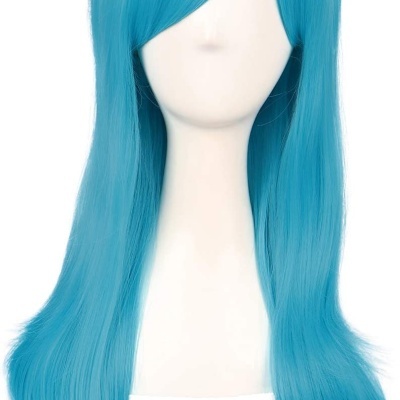 Peruca longa azul turquesa em manequim