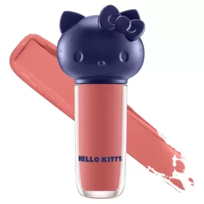 Batom líquido rosa com tampa azul em forma de cabeça da Hello Kitty