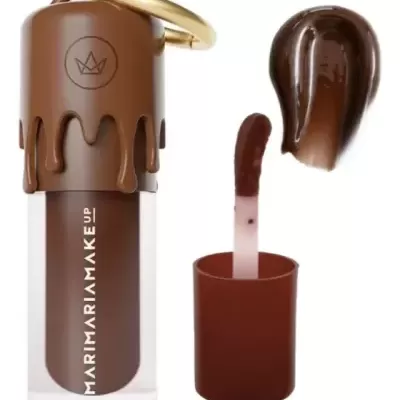 Frasco de cosmético castanho com tampa decorativa e aplicador com produto castanho