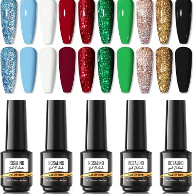 Cinco vernizes Rosalind Gel Polish com amostras de unhas coloridas.