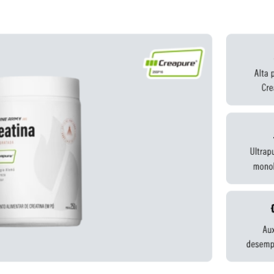 Frasco branco de suplemento alimentar creatina com rótulo e informações ao lado