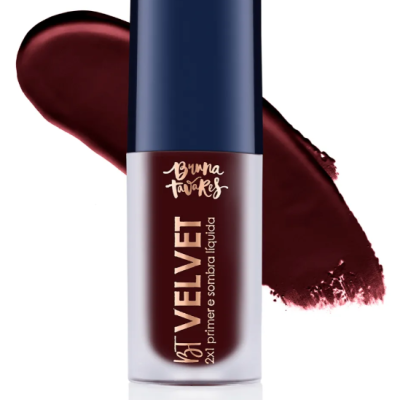 Embalagem de primer e sombra líquida borgonha com tampa azul escura