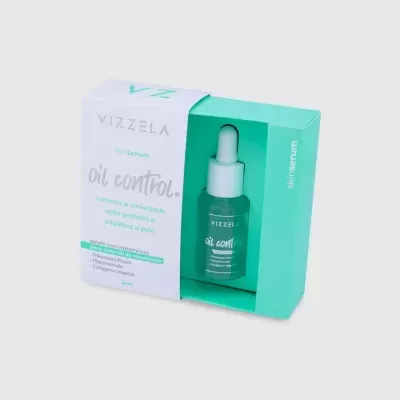 Sérum facial Vizzela Oil Control com conta-gotas na caixa branca e verde