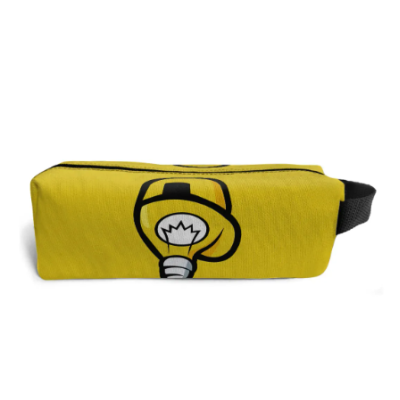 Estojo amarelo com desenho de lâmpada e fecho preto