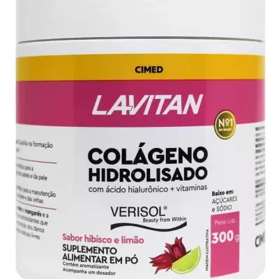 Suplemento alimentar em pó Lavitan Colágeno Hidrolisado sabor hibisco e limão 300g.