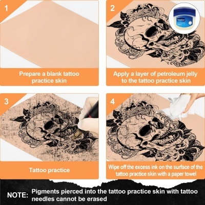 Sequência de instruções para tatuar numa pele sintética com gel Vaseline e caneta para tatuagem