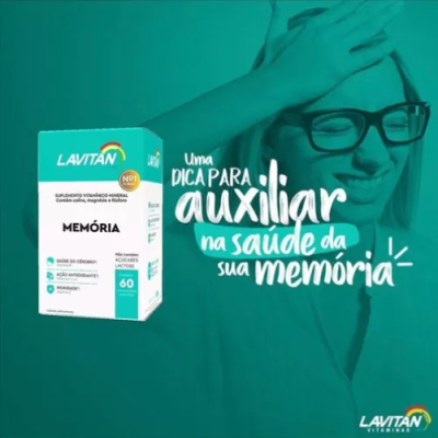 Caixa de suplemento Lavitan Memória com texto promocional sobre saúde da memória