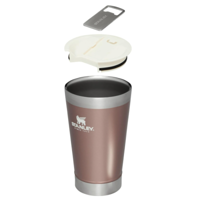Copo térmico Stanley bronze com tampa branca e abridor cinza