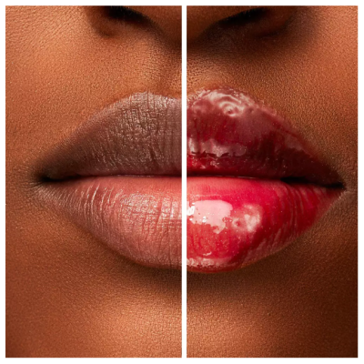 Lábios com batom nude e gloss vermelho brilhante