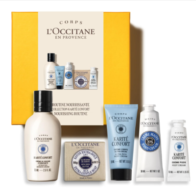 Conjunto de cuidados LOCCITANE com cremes e sabonete numa caixa amarela