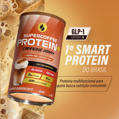 embalagem laranja de proteína em pó SUPERCOFFEE PROTEIN+ sabor iced cappuccino com cubos de gelo