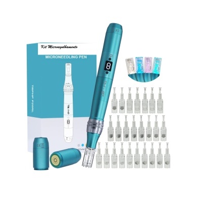 Kit Microneedling Pen com caneta azul metálico e múltiplos cartuchos de agulhas
