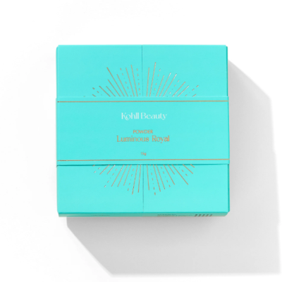 Embalagem azul turquesa de pó compacto Kohll Beauty Luminous Royal
