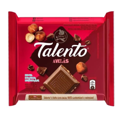 Embalagem vermelha de chocolate Talento Avelãs com imagens de avelãs e pedaços de chocolate