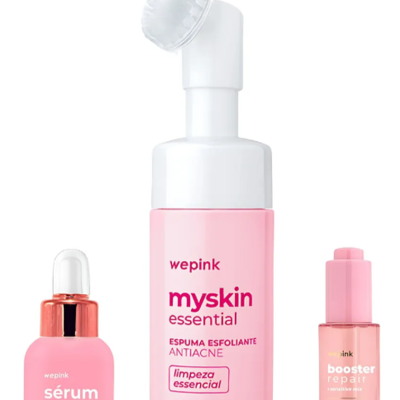Produtos Wepink para cuidado da pele em frascos rosa e branco
