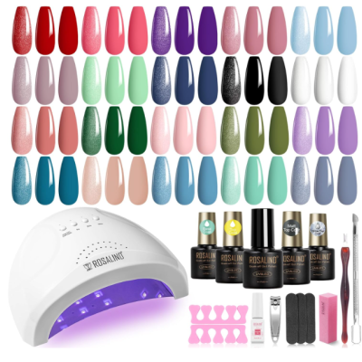 Conjunto de unhas gel com 54 cores variadas, máquina UV branca ROSALIND e acessórios de manicure