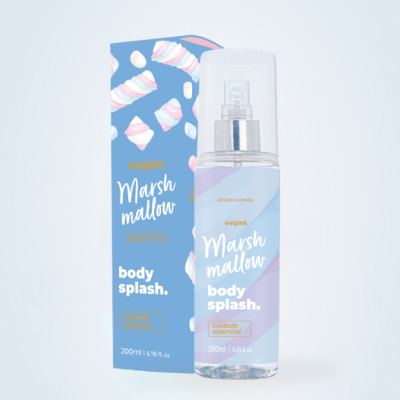 Frasco e embalagem azul e lilás de body splash Marshmallow da wepink
