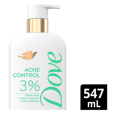 Frasco branco de sérum Dove Acne Control 3% com doseador e rótulo verde
