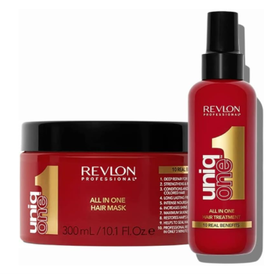 Produtos de cabelo Revlon Professional uniq one em embalagens vermelha e preta.
