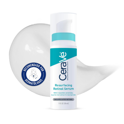 Sérum facial Cerave Resurfacing Retinol em embalagem branca com texto azul e turquesa