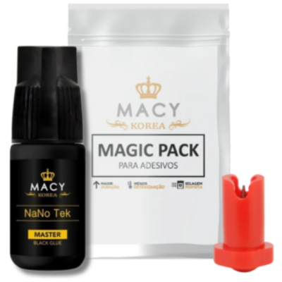 Kit cola preta MACY KOREA com pacote branco MAGIC PACK e acessório vermelho