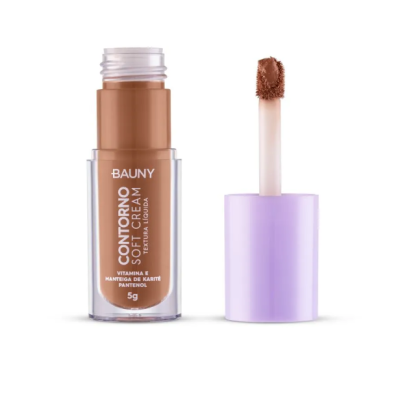 Embalaemnto de creme líquido castanho com aplicador e tampa lilás