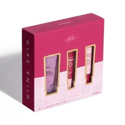 Kit de três produtos de cuidados para a pele Nina Skin da Eudora em caixa rosa e branca