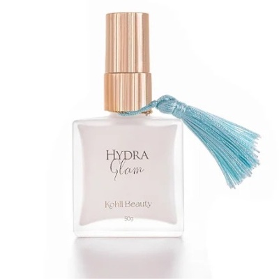 Frasco de vidro fosco com tampa dourada e tassel azul, produto Hydra Glam