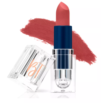 batom cor de rosa coral em embalagem transparente e azul escuro com tampa transparente