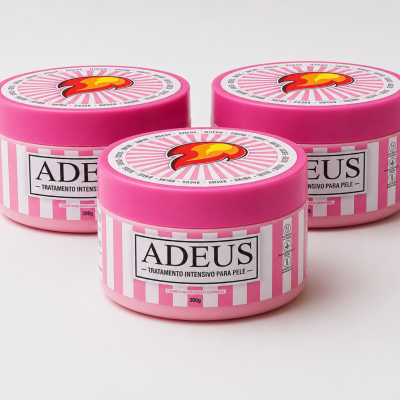 Três frascos redondos rosa e branco de creme corporal ADEUS