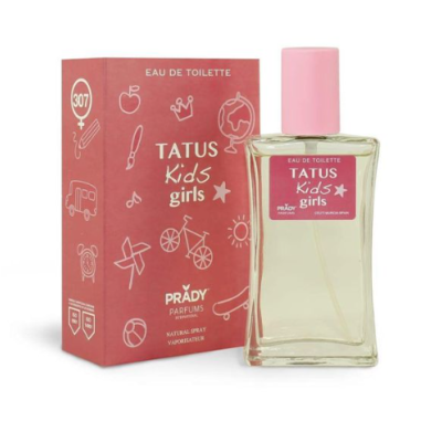 Frasco de perfume Tatus Kids girls com embalagem vermelha e tampa rosa.