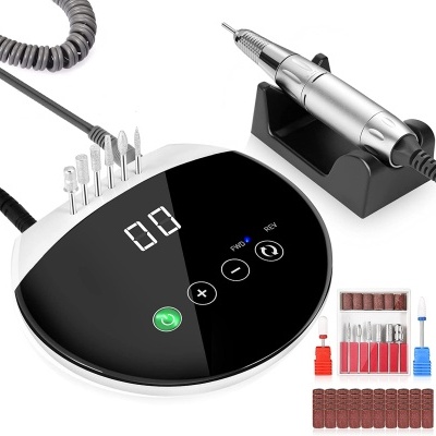 Aparelho de manicure elétrico com base preta e branca e kit de acessórios para unhas