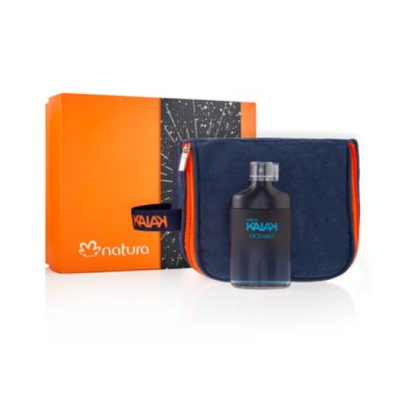 Conjunto perfume KAIAY OCEANO com estojo azul e caixa laranja da Natura