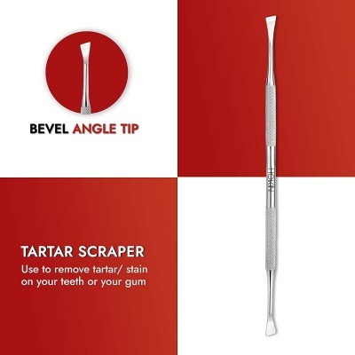 Raspador de tártaro metálico com ponta em ângulo biselado e texto explicativo em fundo branco e vermelho