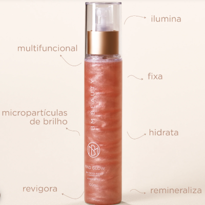 Frasco de vidro rosa perolado com doseador em fundo neutro, com palavras descritivas ao redor.