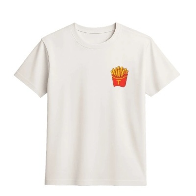 T-shirt branca com estampado de batatas fritas numa caixa vermelha