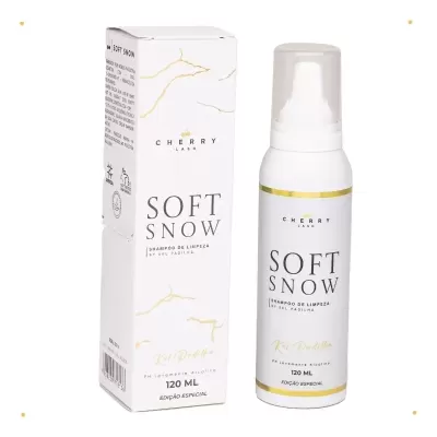 Champô Soft Snow Cherry Lash em embalagem e frasco branco com detalhes dourados