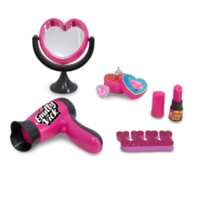 Conjunto de brinquedo de beleza com secador de cabelo, espelho coração, batom, porta-anéis e separadores de dedos cor-de-rosa
