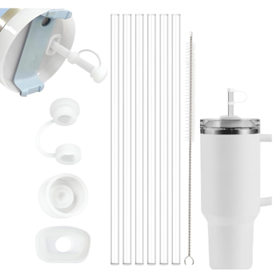 Conjunto de canecas de aço inoxidável brancas com palhinhas reutilizáveis e escova de limpeza