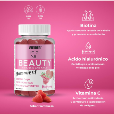 Frasco de gomas Weider Beauty sabor framboesa com informações de ingredientes e benefícios em fundo rosa